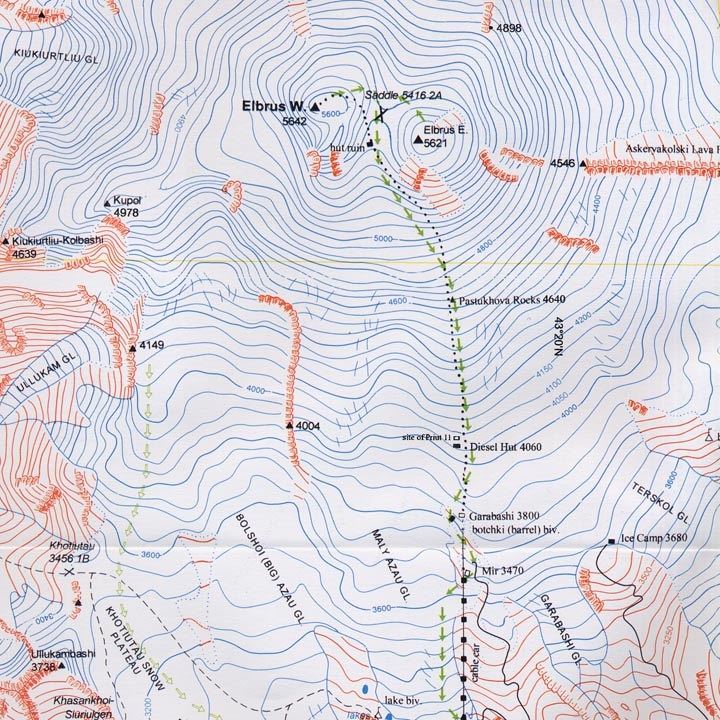 West Col Map & Guide - Elbrus - Upper Baksan Valley detail