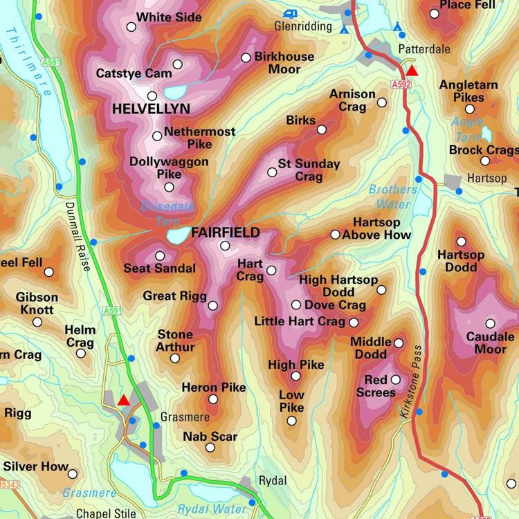 Topographical Map of the Lake District Wainwright Fells detail