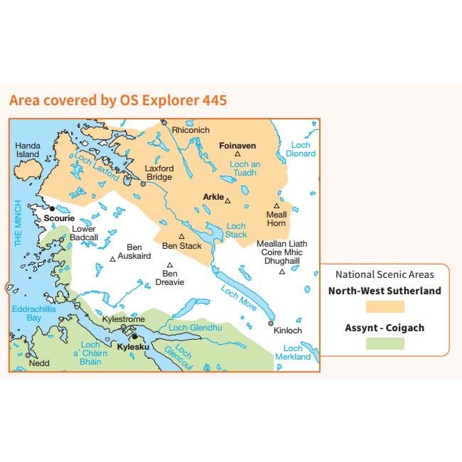 OS Explorer 445 Paper Foinaven, Arkle, Kylesku & Scourie 1:25,000 coverage