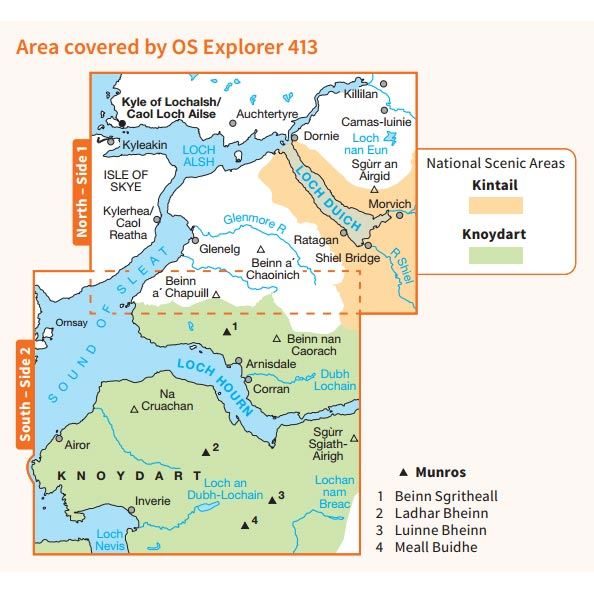 OS Explorer 413 Paper Knoydart, Loch Hourn & Loch Duich 1:25,000 coverage