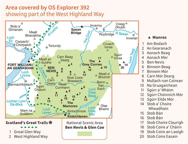 OS Explorer 392 Active Map Ben Nevis & Fort William 1:25,000 coverage
