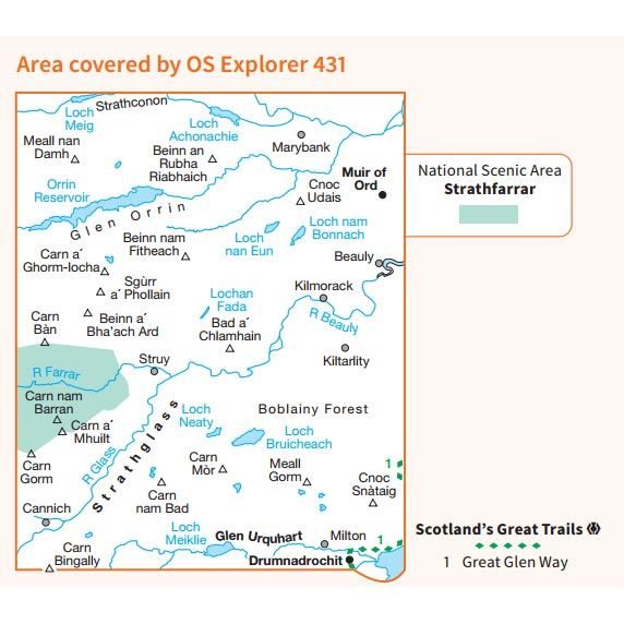 OS Explorer 431 Paper - Glen Urquhart & Strathglass 1:25,000 coverage