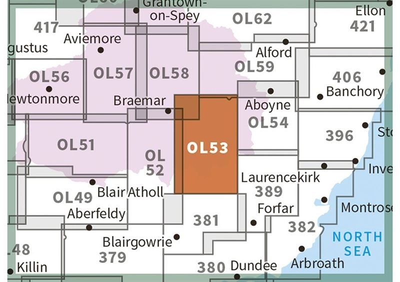 OS OL/Explorer 53 Paper Lochnagar, Glen Muick & Glen Clova adjacent