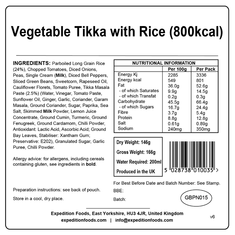 Expedition Foods Vegetable Tikka with Rice (Gluten Free, Vegetarian, 800kcal)														