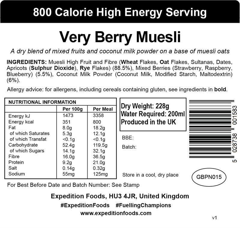Expedition Foods Very Berry Muesli (Dairy Free, Halal, Vegan, 800kcal) 																		