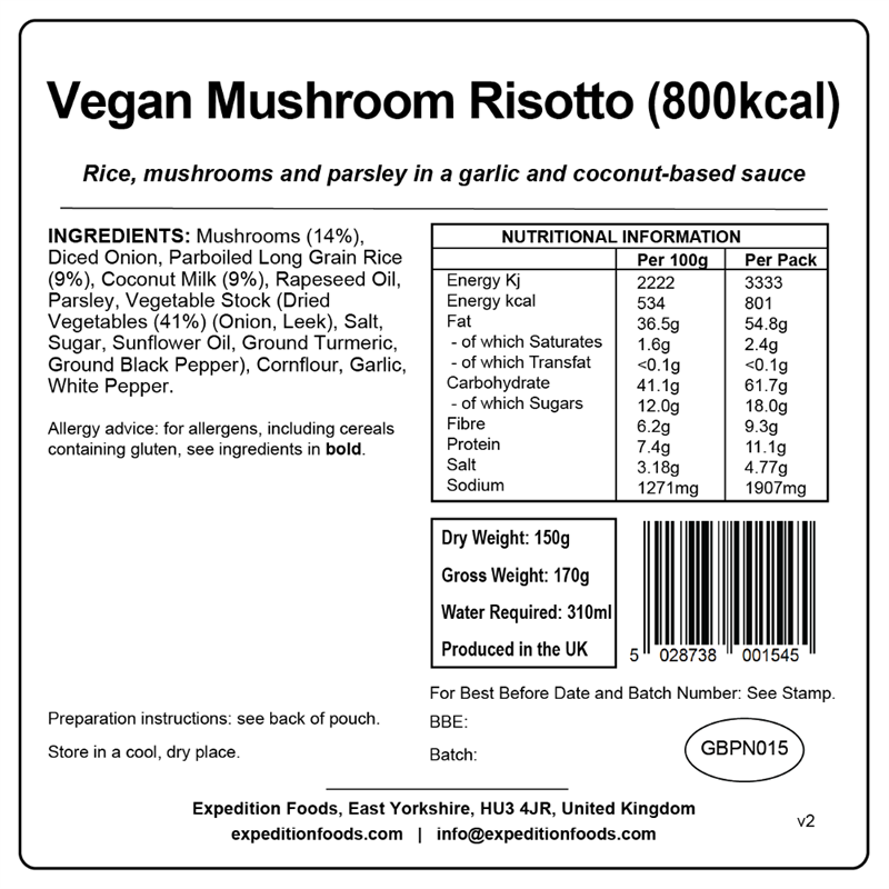Expedition Foods Mushroom Risotto (Dairy Free, Gluten Free, Vegan, 800kcal) 																		